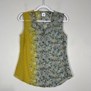 Cabi Offsides 50/50 Sheer Sleeveless‎ Blouse Womens Small Gray Yellow Floral